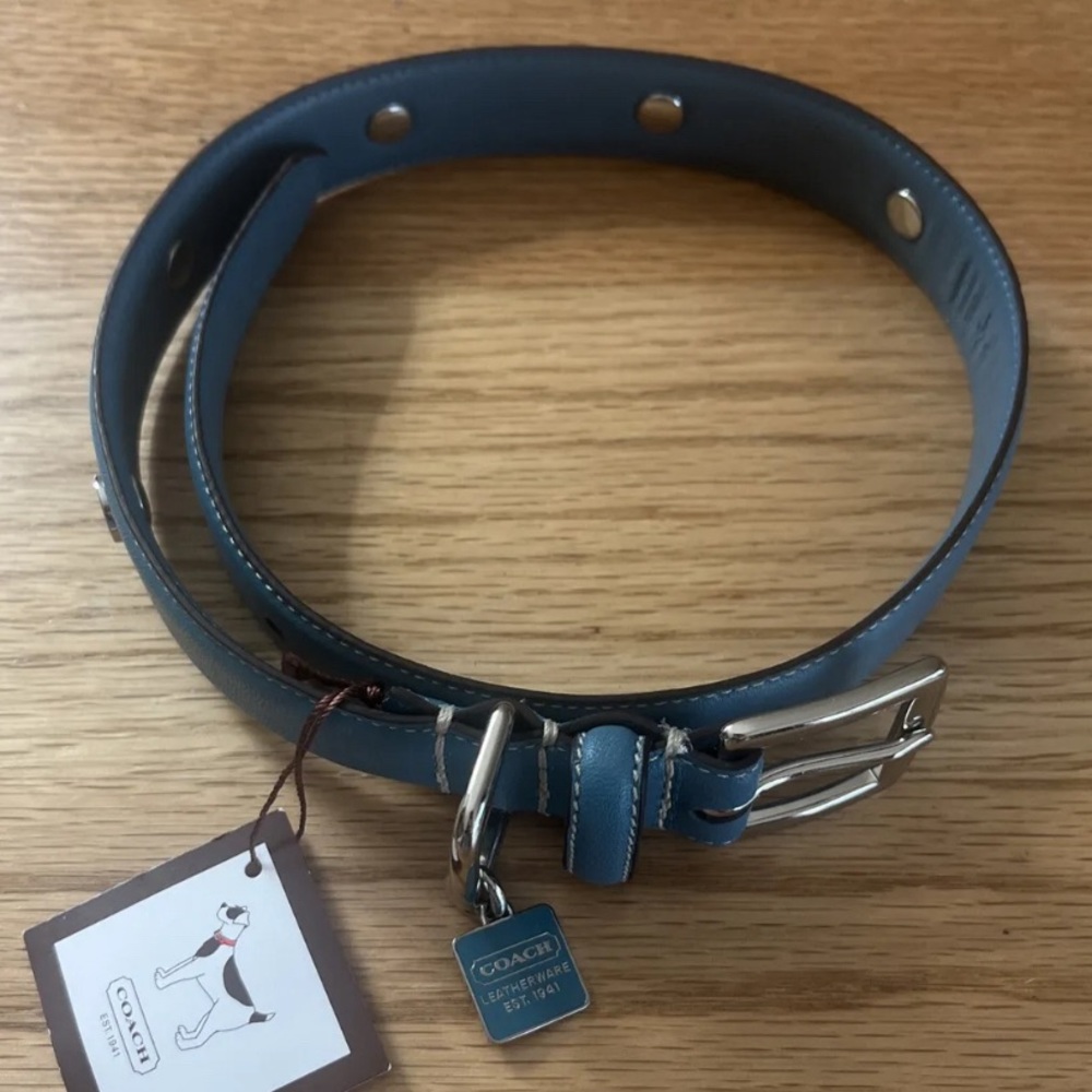 NWT COACH BLUE LEATHER DOG COLLAR SQUARE CHARM GROMMETS 8848 LARGE